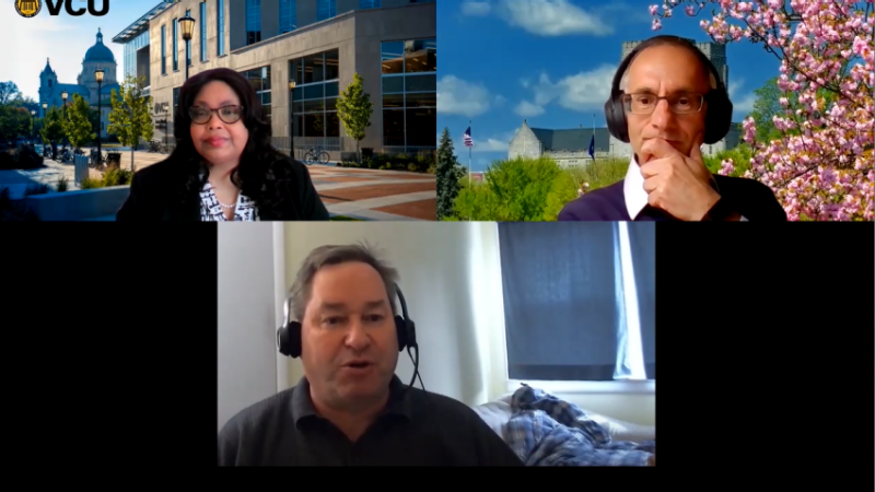 Screen capture of Elsie Harper-Anderson, Scott Tate, and Erik Pages from the March Vibrant Virginia Book Webinar focusing on entrepreneurship.