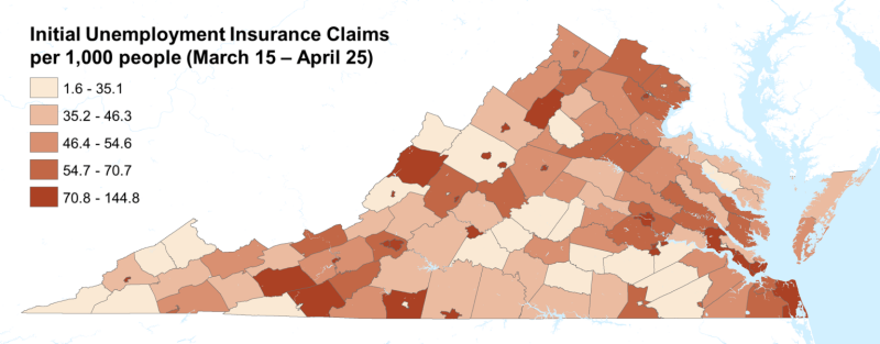 Unemployment Claims Map depicting the amount of unemployment insurance claims per 1,000 people in Virginia from March 15-April 25.