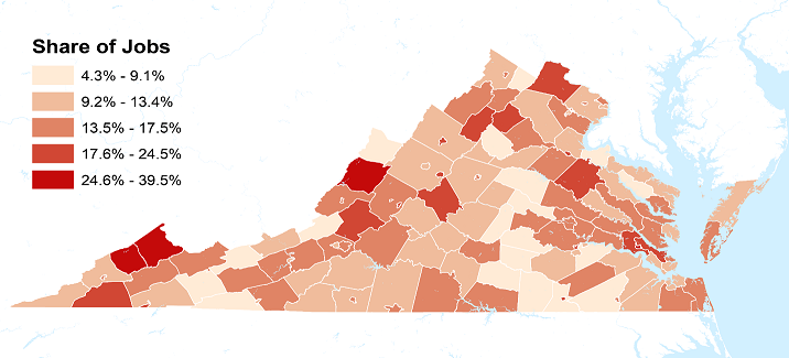 Map of Virginia portraying the share of jobs affected by COVID-19 