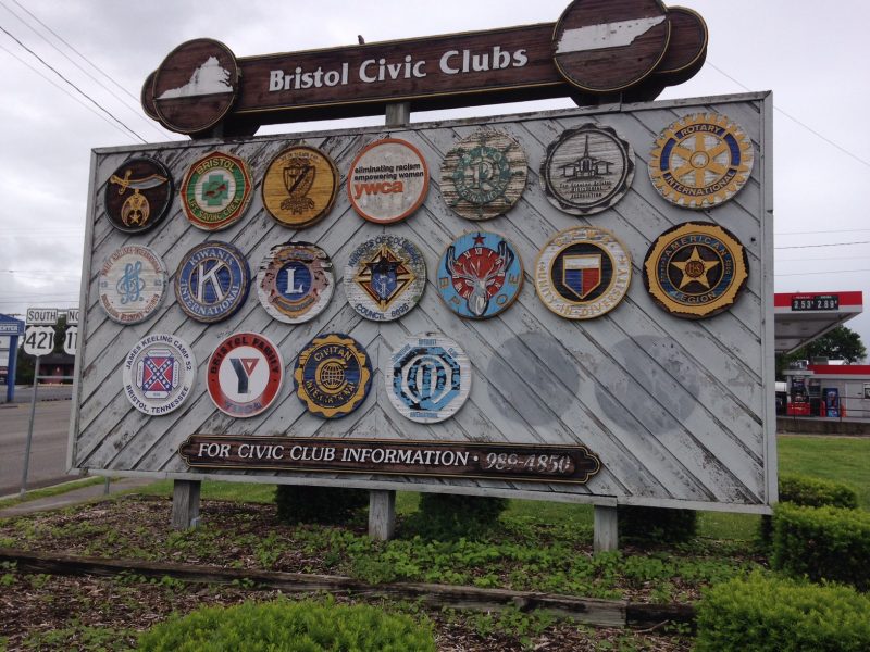 Sign displaying civic clubs in Bristol VA/TN (Photo Credit: Joanie Willett)
