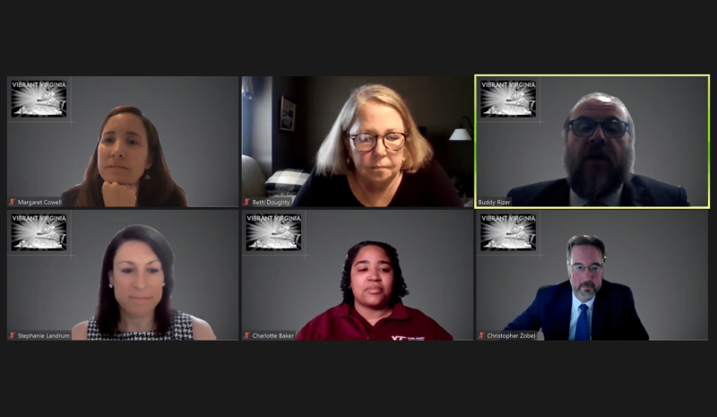 Screen capture of Margaret Cowell, Beth Doughty, Buddy Rizer, Christopher Zobel, Charlotte Baker, and Stephanie Landrum participating in the Vibrant Virginia virtual community conversation